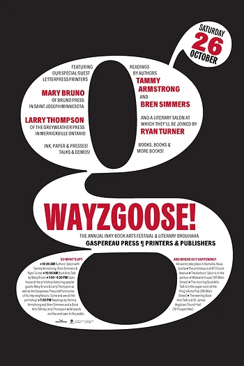 Poster for Gaspereau Press Wayzgoose Readings and Book Arts Talk
