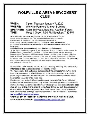 Poster for Wolfville and Area Newcomers Club