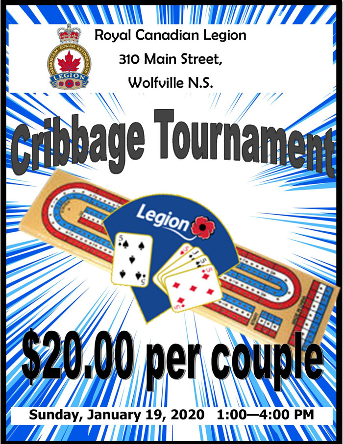 Crib Tournament at Royal Canadian Legion, Wolfville (January 19, 2020 1pm)