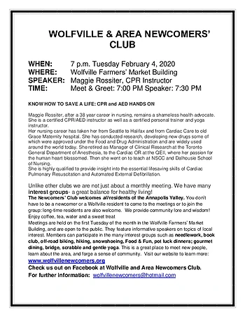 Poster for Wolfville and Area Newcomers Club