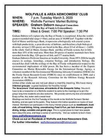 Poster for Wolfville and Area Newcomers Club