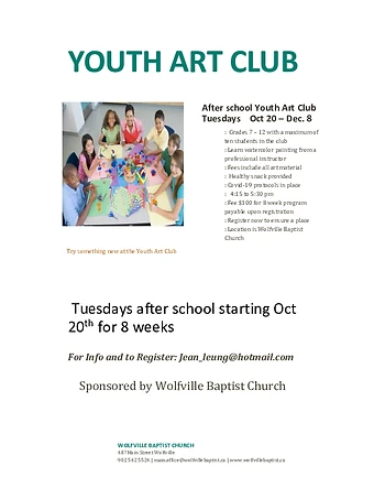 Poster for Youth Art Club Starts Oct 20 for 8 weeks