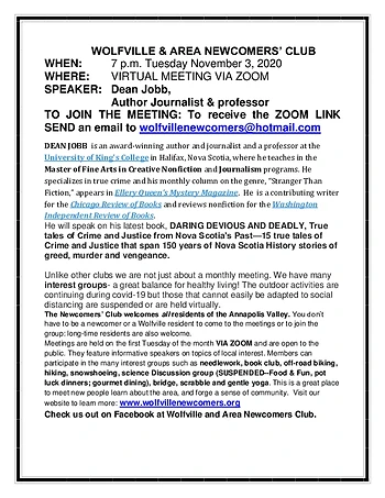 Poster for Wolfville and Area Newcomers Club