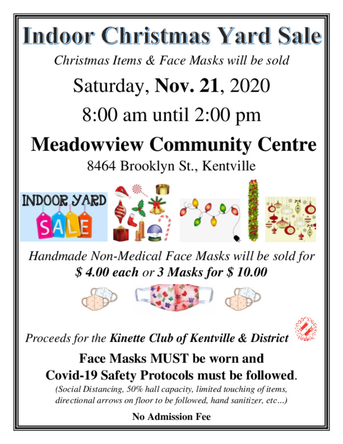 Indoor Christmas Yard Sale at Meadowview Community Centre, Kentville (November 21, 2020 8am)