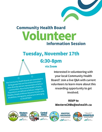 Poster for Volunteer Info Session for Community Health Boards