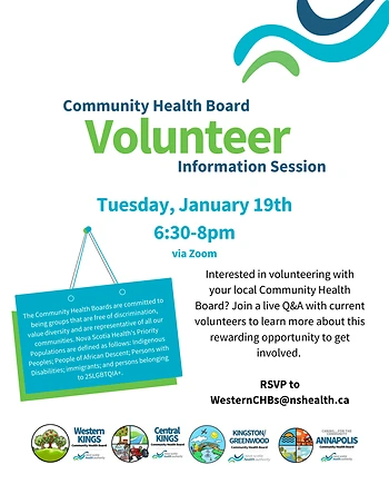 Poster for Volunteer Info Session for Community Health Boards
