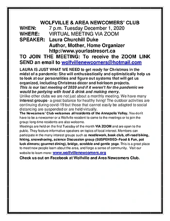 Poster for Wolfville and Area Newcomers Club