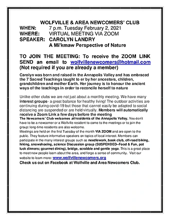 Poster for Wolfville and Area Newcomers Club