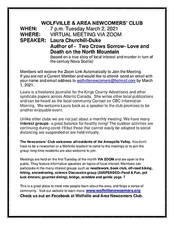 Poster for Wolfville and Area Newcomers Club