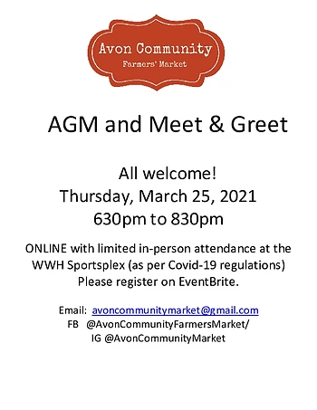 Poster for Avon Community Farmers' Market AGM and Meet & Greet