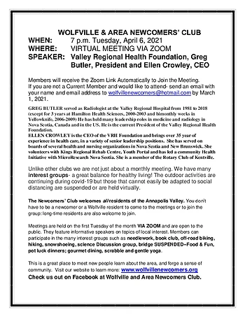 Poster for Wolfville and Area Newcomers Club