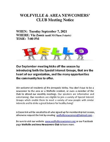 Poster for Wolfville & Area Newcomers Club