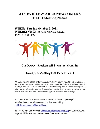 Poster for Wolfville & Area Newcomers Club Meeting