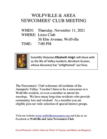 Poster for Wolfville & Area Newcomers Club