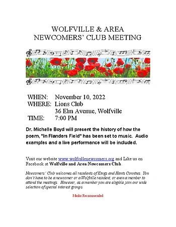 Poster for Wolfville & Area Newcomers Club