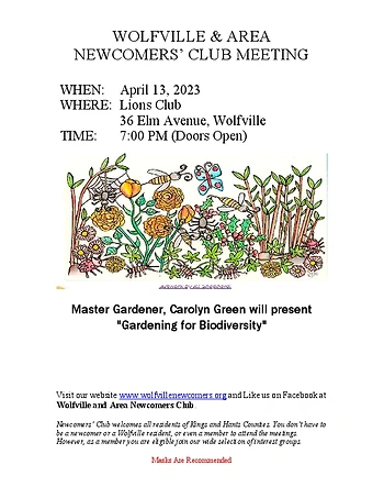 Poster for Wolfville & Area Newcomers Club Meeting