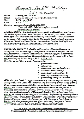Poster for Therapeutic Touch Workshop