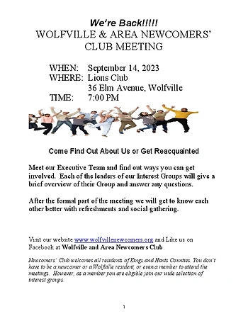 Poster for Wolfville & Area Newcomers Club Meeting