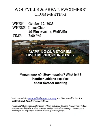Poster for Wolfville & Area Newcomers Club Monthly Meeting