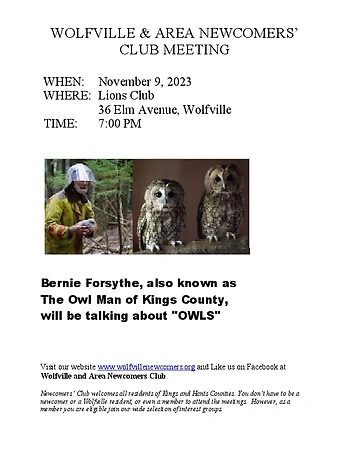 Poster for Wolfville & Area Newcomers Club Meeting