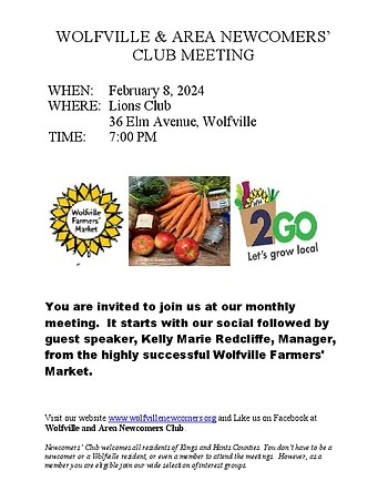 Poster for Wolfville & Area Newcomers Club
