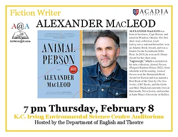Poster for Alexander MacLeod reading - Authors@Acadia