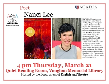 Poster for Nanci Lee reading - Authors @ Acadia